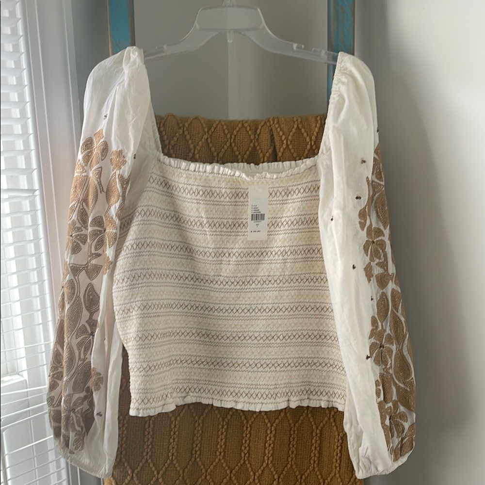 Anthropologie White Cropped Smocked Blouse